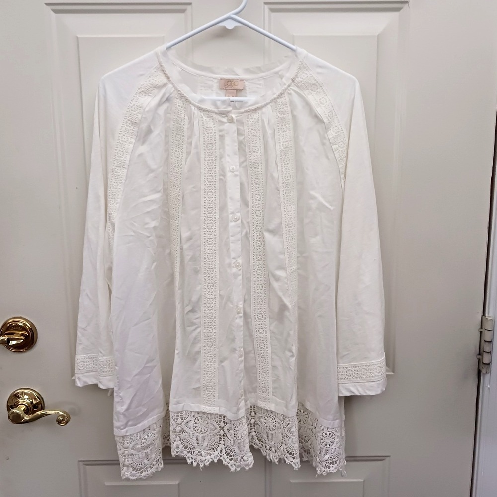 Logo Lavish Button Up Shirt White Lace Trim Size XL 100% Cotton 3/4 Sleeve Flowy
